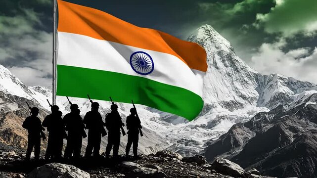 Waving India Flag Soldiers Silhouettes Mountain Peak Republic Day Theme