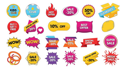 A colorful collection of sale stickers and banners on a white background