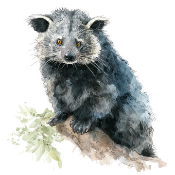 Binturong, watercolor drawing vector, isolated on a white background.
