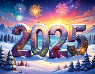 Festive New Year's scene with celebratory fireworks and snowy landscape
