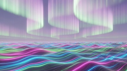 Spectacular display of vibrant Aurora Borealis illuminating a surreal oceanic landscape with neon