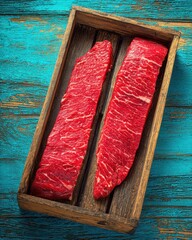 Fresh Raw Hanger Steaks in a Rustic Wooden Tray