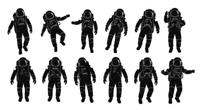 A collection of black silhouettes of astronauts in space suits on a white background