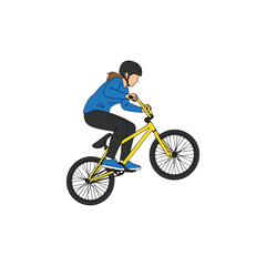 Naklejka premium Woman Riding Yellow Mountain Bike Downhill.
