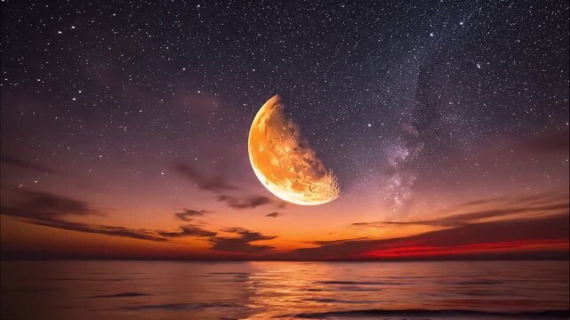 Glowing half moon over starry night ocean with reflection.