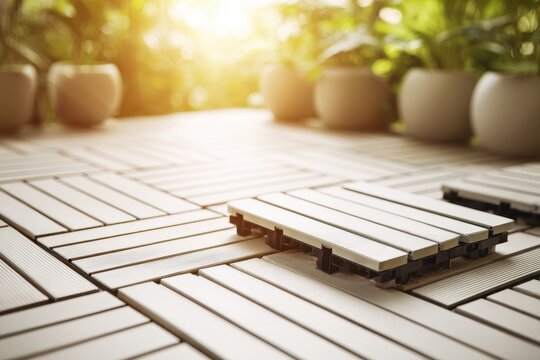 Interlocking Deck Tiles Being Assembled Outdoors in Sunlight