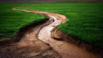 Muddy path winding through green fields with flowing water