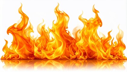 Vibrant Orange and Yellow Flames with Reflection on White Background