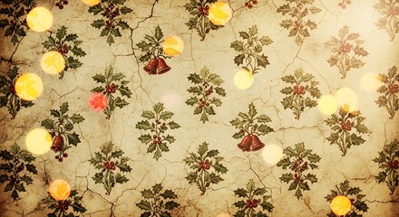 An antique-looking, textured background presents repeated floral patterns with bell-shaped ornaments and bokeh lights