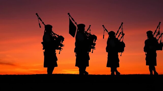 Silhouetted bagpipers marching in unison against a vibrant orange sunset backdrop with dramatic sky