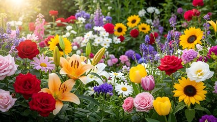 Beautiful Summer Garden with Colorful Roses, Lilies, and Sunflowers in Full Bloom