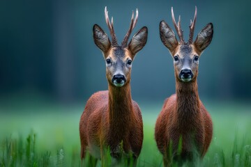Two deer with velvet antlers standing in a misty meadow