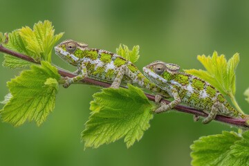 Two Photorealistic Chameleons Perched On A Branch With Leaves