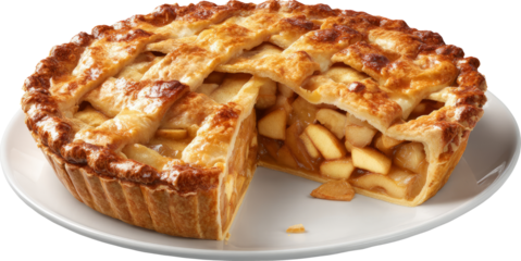 Golden Lattice Apple Pie with Slice Cut Out on White Plate, Showcasing Juicy Cinnamon Filling