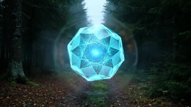 Glowing blue crystal portal floats in misty forest path. Magic orb with energy particles hovers above trail. Crystal sphere glows in forest. Portal between tree creates mystical energy effect.