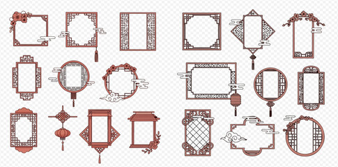 Set of traditional Asian frames with intricate patterns and decorative elements, ideal for cultural designs and celebrations.