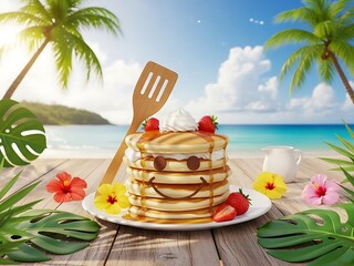 A stack of pancakes with strawberries on a beachside table with palm trees