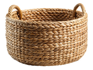 Round woven storage basket with two twisted handles isolated on white background, PNG. AI Generated