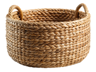 Round woven storage basket with two twisted handles isolated on white background, PNG. AI Generated
