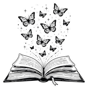 Hand drawn line art illustration of an open book depicting butterflies flying out of its pages for creativity and imagination