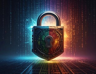 Futuristic padlock superimposed over binary code, lit with bright colors