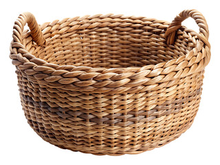 Round woven storage basket with two twisted handles isolated on white background, PNG. AI Generated
