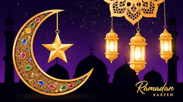 Gold crescent and lanterns hanging over mosque for Ramadan.