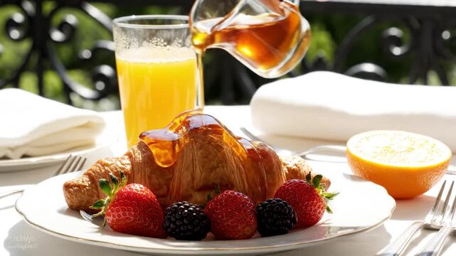 A breakfast scene with a croissant, berries, orange juice, and syrup being poured