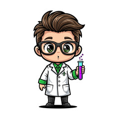 Cartoon Scientist Holding Test Tube with Liquid.