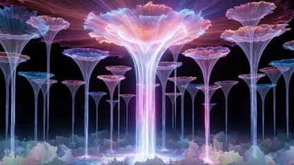 Spectacular illuminated mushroom cloud formations with vibrant cloud backgrounds and ethereal