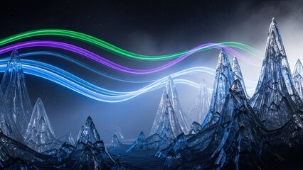 Spectacular icy mountain range illuminated by vibrant colorful light trails under night sky