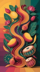 Colorful Pahela Boishakh 3D illustration with traditional dhol and lotus flowers