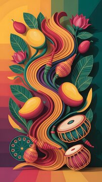 Colorful Pahela Boishakh 3D illustration with traditional dhol and lotus flowers