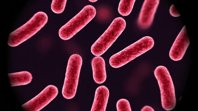 Microscopic red rod-shaped bacteria organisms moving on a dark background showing science and medicine