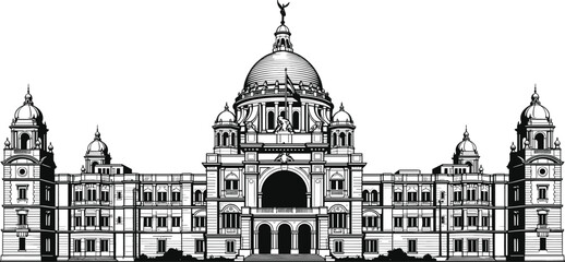 Detailed black and white line art illustration of historic domed monument architecture isolated on white background with classical symmetry engraving style