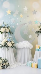 A dreamy baby celebration scene with a sparkling crescent moon fluffy cloud and stars