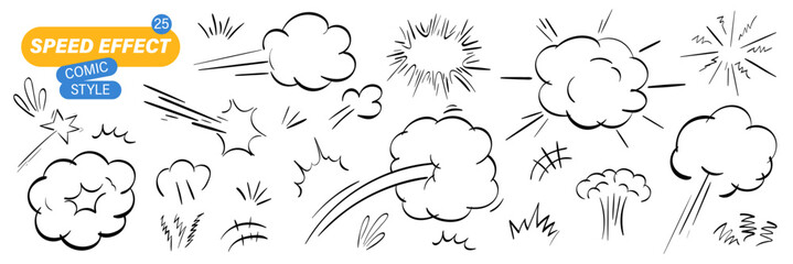 Cartoon comic attack effect with superhero boom explosion and puff impact. Action speed lines and dynamic doodle vector art for vibrant scenes or motion graphics. © A_Y_N
