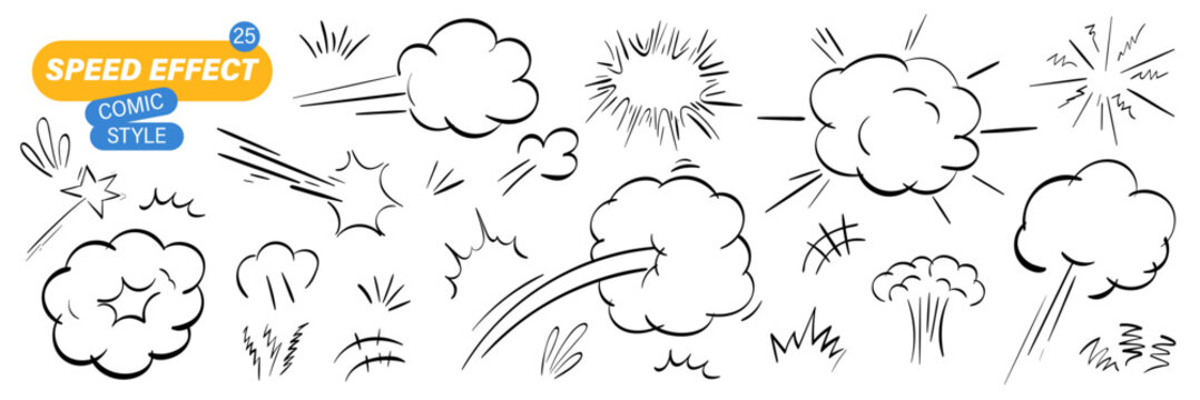 Cartoon comic attack effect with superhero boom explosion and puff impact. Action speed lines and dynamic doodle vector art for vibrant scenes or motion graphics.