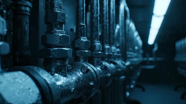 Industrial valve system shows wet pipes with water droplets. Metal pipeline with valves and fittings in factory. Industrial equipment with wet valve system. Pipes show water moisture on metal.