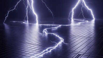 spectacular lightning strikes illuminating dark stormy sky over wet tiled surface capturing