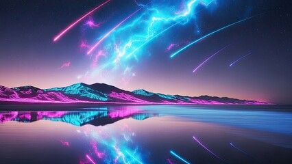 Spectacular meteor shower lighting up a serene mountain lakeside under colorful storm-filled sky