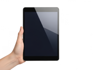 Hand holding black tablet device isolated on transparent background
