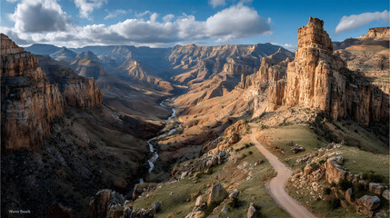 Majestic rocky cliffs rise above a winding river in a vast canyon landscape, showcasing the beauty of nature and the grandeur of geological formations in daylight