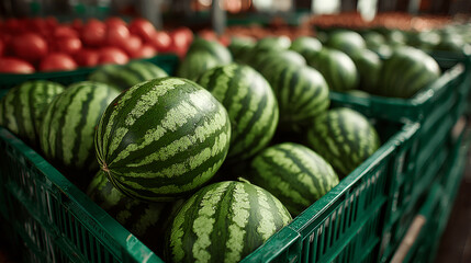 Fresh watermelons stacked in green baskets at a market, surrounded by ripe tomatoes, showcasing vibrant colors and textures of seasonal produce in a bustling environment