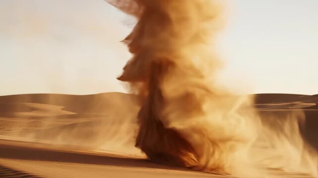 Dust Devil Spiraling Down Desert Dunes in Wide Shot with Dynamic Motion