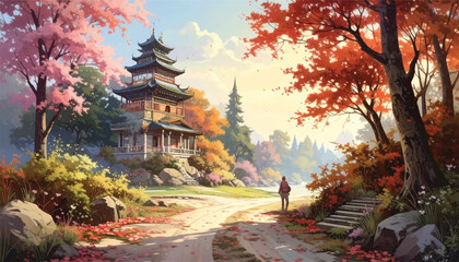 Fototapeta premium Japanese Pagoda in Autumn Landscape with Figure.