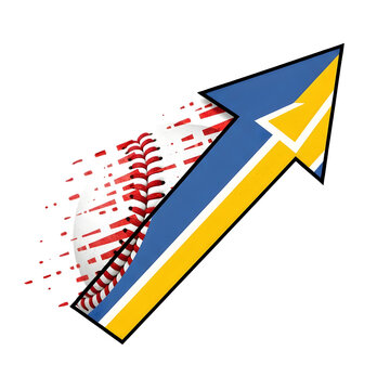 Baseball with upward pointing blue and yellow arrow and red stitching particles on white background Transparent Background