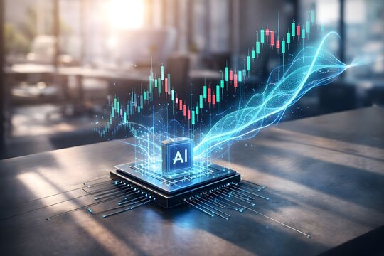 Artificial intelligence chip analyzes market data with glowing energy and candlestick charts, symbolizing future finance. - Powered by Adobe