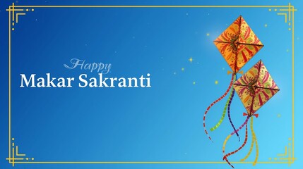 Image is a vibrant digital illustration celebrating Makar Sakranti. It features a bright blue sky as the background, with two colorful kites prominently displayed on the right side. The kites are ador