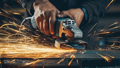 A close-up shot of a worker's hands operating an angle grinder, creating a spectacular shower of bright orange sparks against a dark background in an industrial setting.